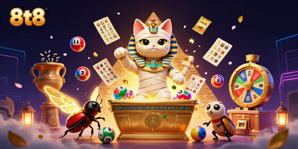8tt8 captures the excitement of a casino with an Egyptian mummy cat, glowing scarab, and vibrant lottery elements in a dynamic scene.