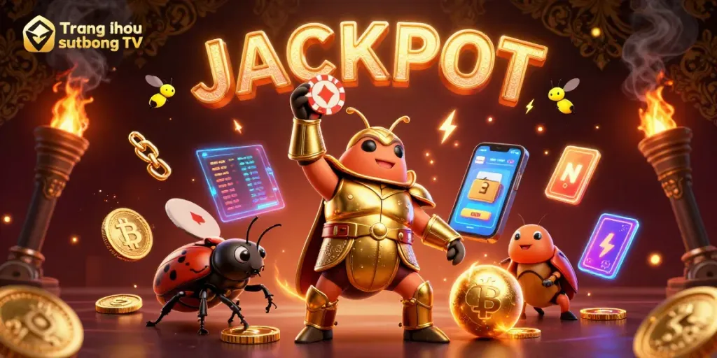 Engage with Trang chủ sutbong TV in an exciting golden jackpot scene featuring gaming elements.