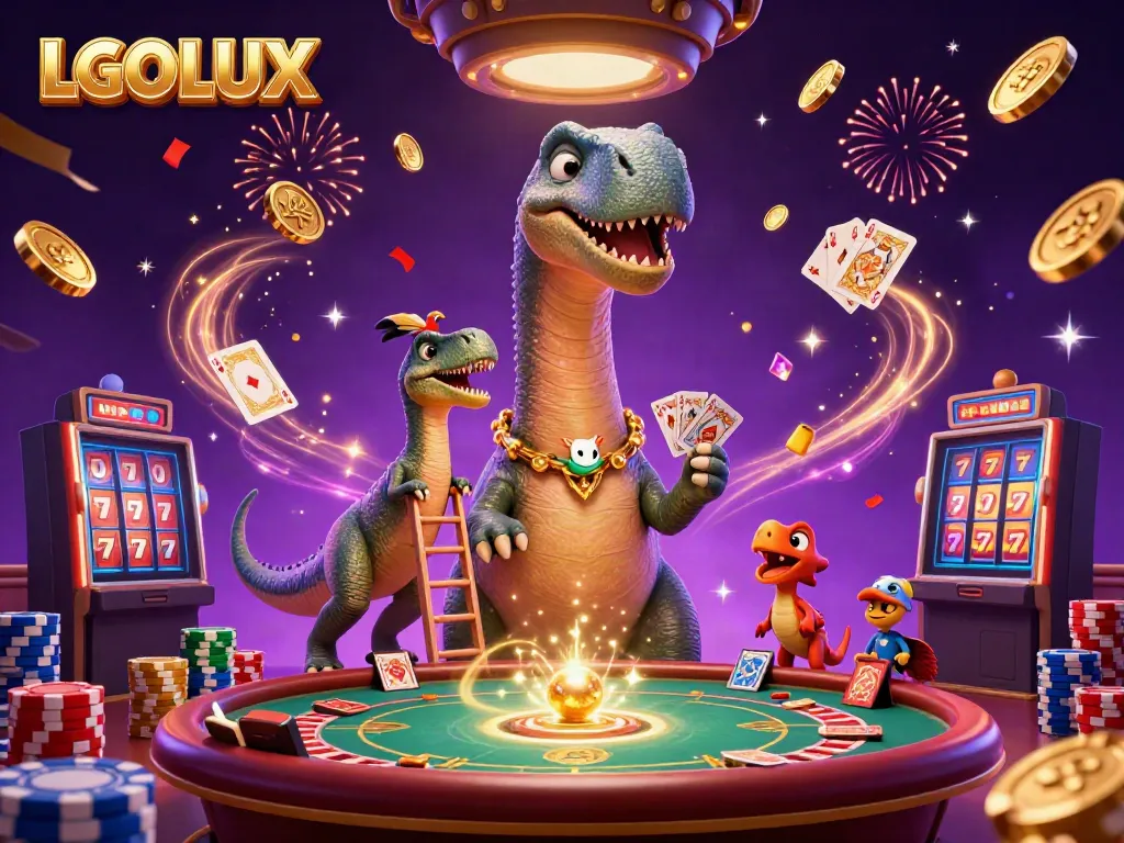 Experience thrilling action with LGOLUX's dynamic casino scene, featuring a playful brontosaurus and raptor dealer.
