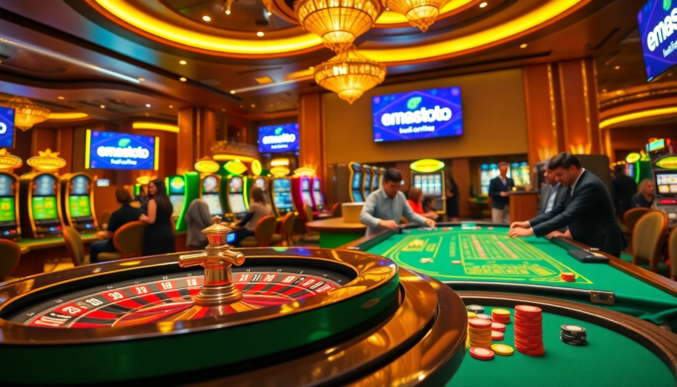 Rasakan sensasi emastoto di kasino mewah, dengan permainan roulette dan mesin slot yang sedang beraksi.