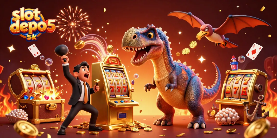 Engage with slot depo 5k as a cartoon dinosaur celebrates jackpot wins at the casino.