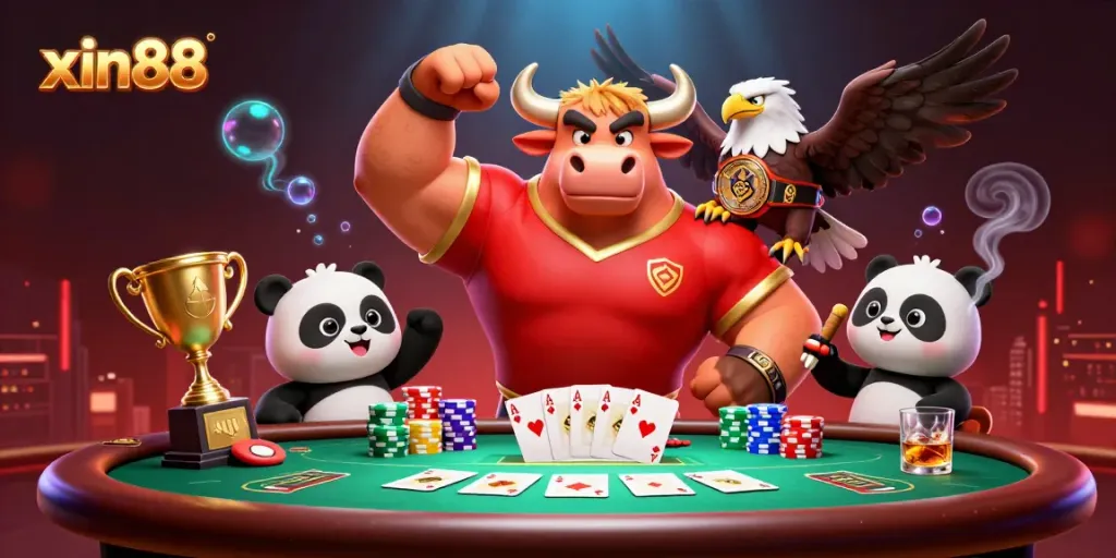 Exciting scenes at xin88 casino featuring a bull, eagle, and panda celebrating big wins at a poker game.