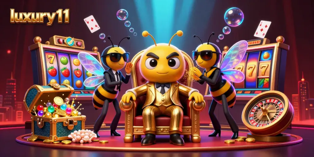 Engage with luxury111 through dynamic casino-themed scenes filled with slot reels, cards, and a 3D bumblebee mob boss.