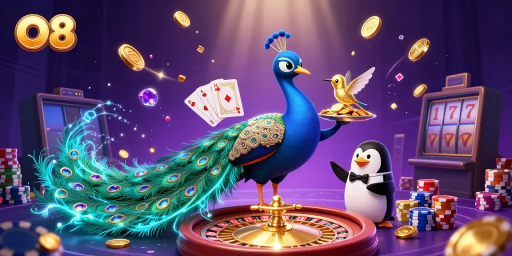 Experience the thrill of O8 with a vibrant 3D illustration of casino excitement and characters