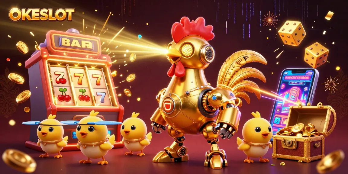 Mainkan slot di OKESLOT dan dapatkan jackpot berkilauan dengan ilustrasi robot ayam emas futuristik.