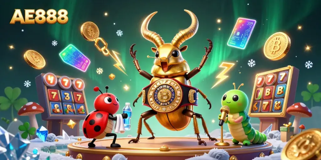 AE888 showcases a vibrant casino scene with a giant golden stag beetle in an energetic competition.