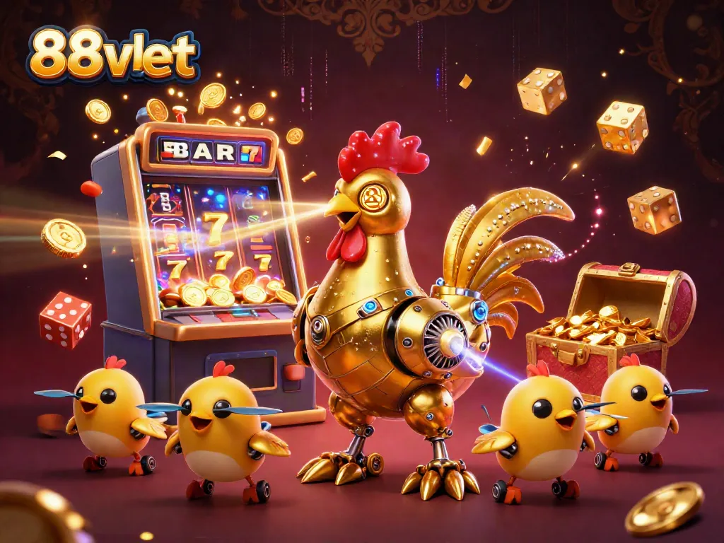 Experience the thrill of gaming at 88vbet with a vibrant 3D illustration of a golden rooster robot and slot machine excitement.