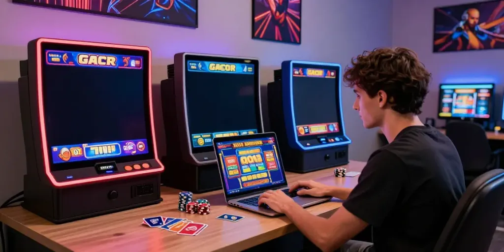 Player enjoying slot gacor games in a modern home gaming setup.