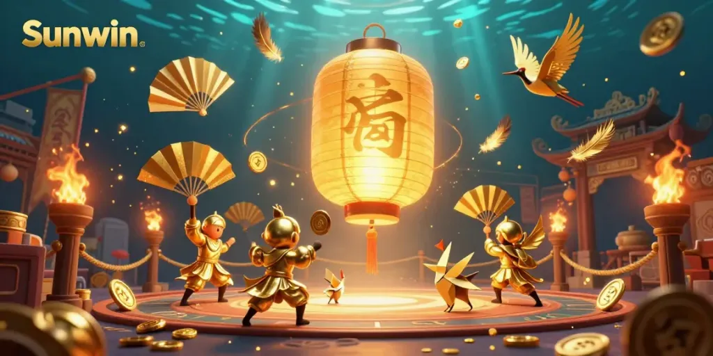 Sunwin platform features a vibrant 3D illustration with a golden lantern spirit and gambling elements.