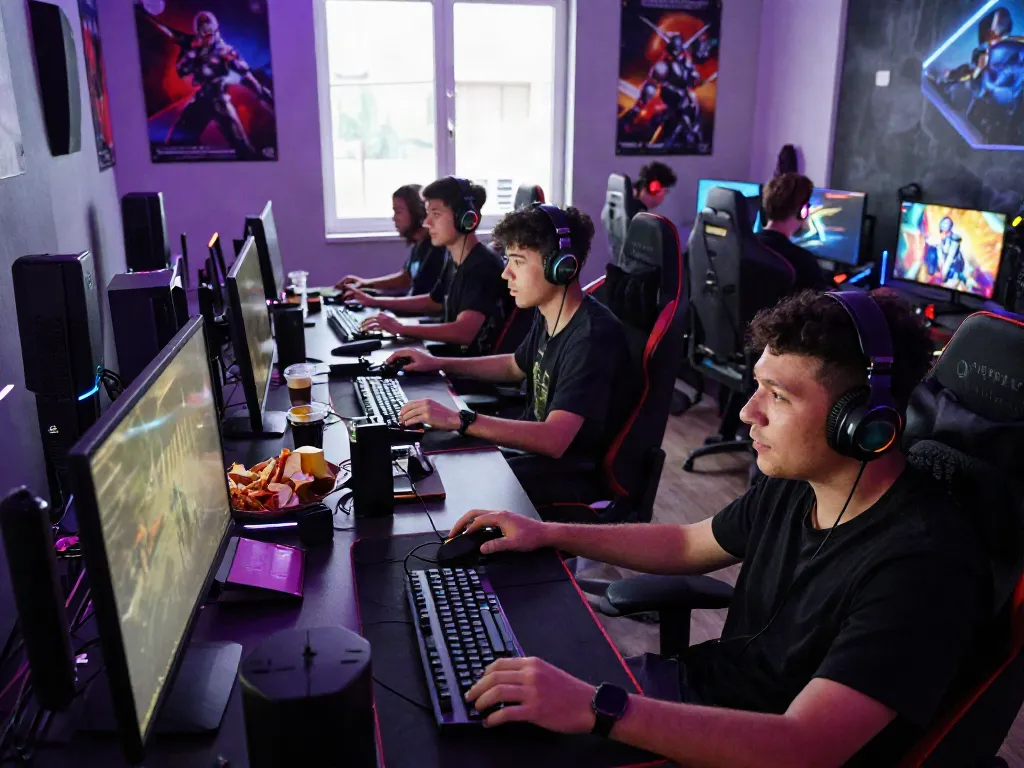 Lingkungan gaming jebolwd dengan pemain fokus dan aksesori modern.