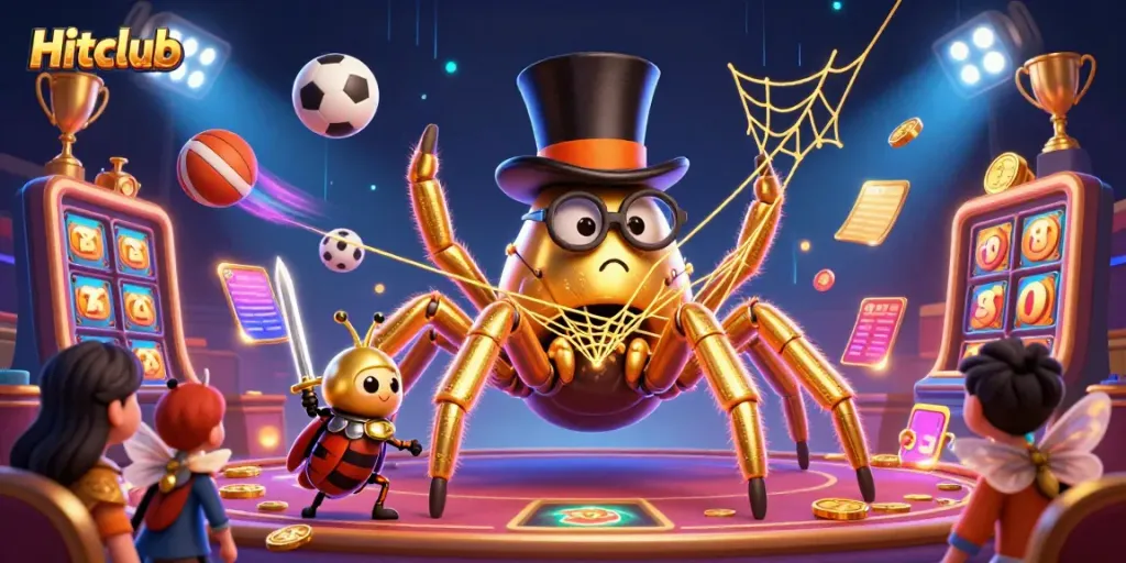 Engage with Hitclub's dynamic gaming experience in this vibrant, 3D illustration featuring a golden tarantula and beetle knight.