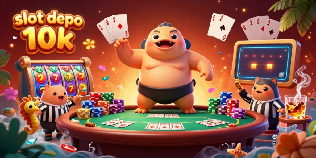 Slot depo 10k memperlihatkan deposit slot berwarna cerah dengan jackpot, serta karakter luar biasa sedang bermain.