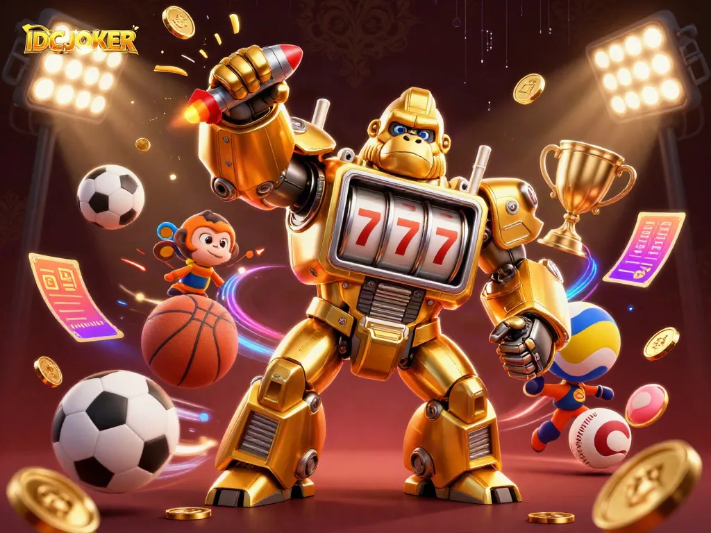 IDCJOKER features a golden gorilla mech celebrating a big win with sports elements and golden coins.