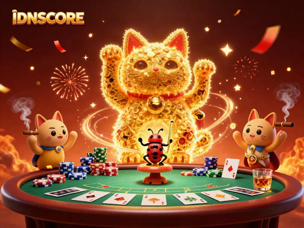 Experience thrilling gaming action at IDNSCORE with colorful casino elements and a vibrant lucky cat illustration.
