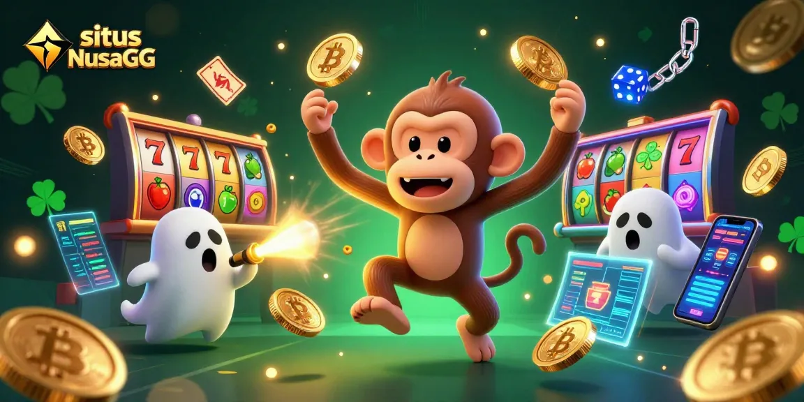 Experience thrilling casino fun with situs NusaGG, featuring a playful ghostly monkey and crypto coins.