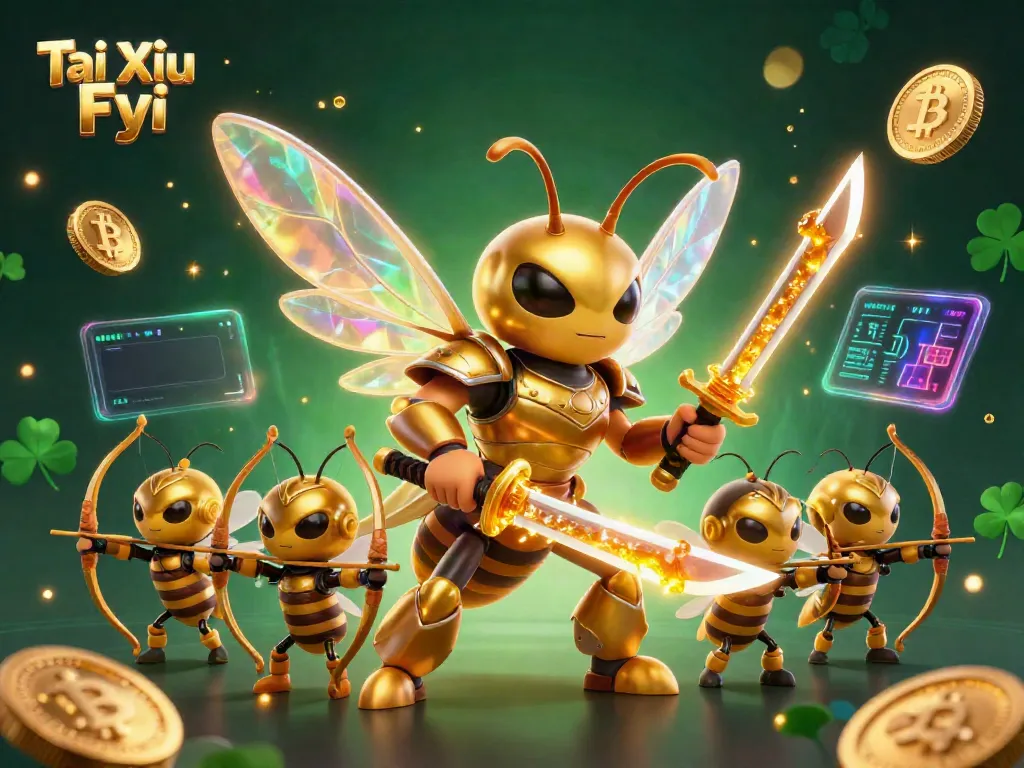 Immerse in Tài Xỉu Fyi action with a heroic golden hornet in a vibrant, dynamic casino-themed scene.