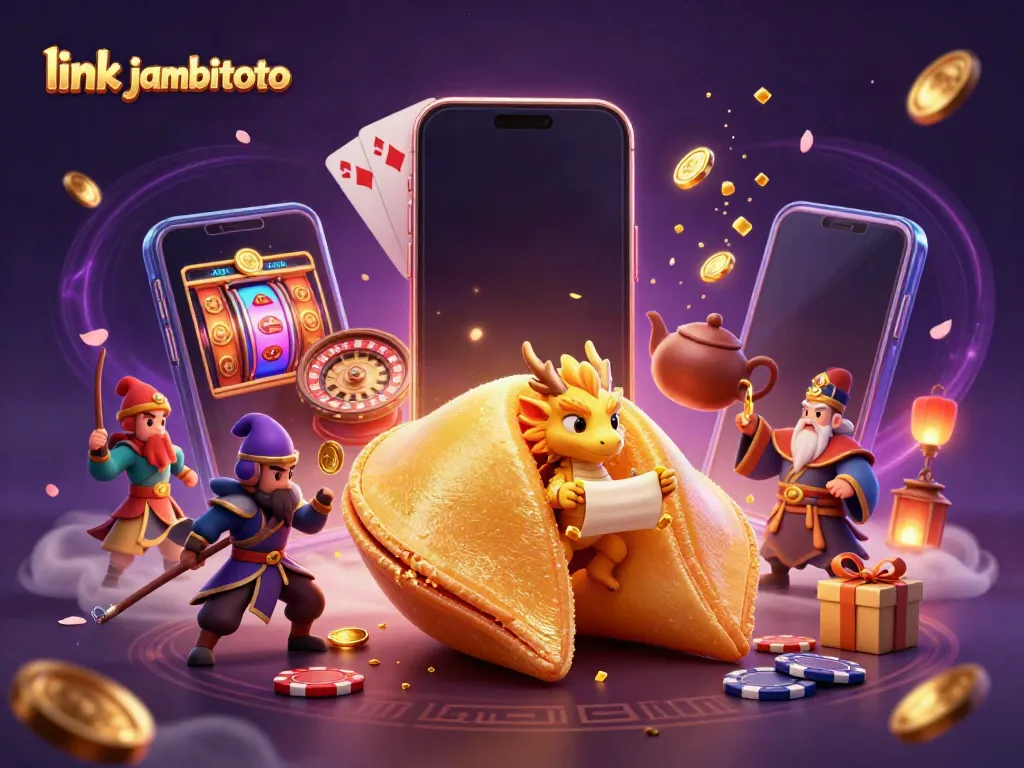 Experience link jambitoto with a magical scene of a wise dragon and golden fortune cookie in a casino theme.