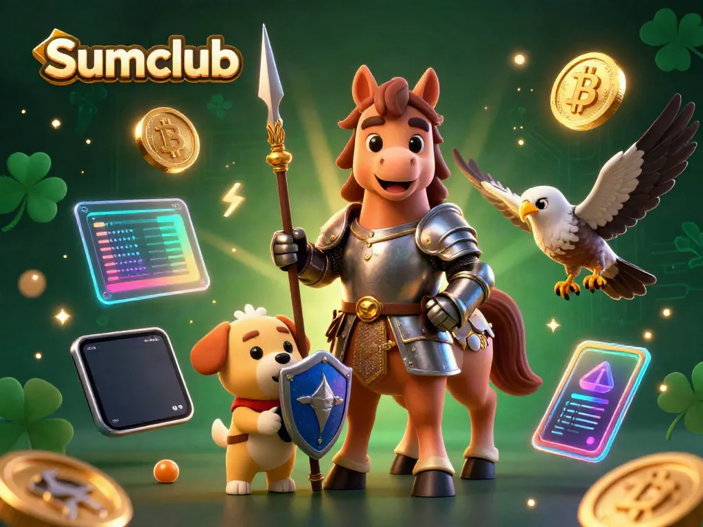 Engage with the exciting world of Sumclub, featuring a knight and puppy amidst vibrant crypto-themed elements.
