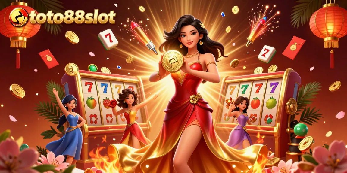 Toto88slot showcases an immersive gaming experience with stunning visuals of a winning scene featuring a beautiful Asian woman holding a golden coin.