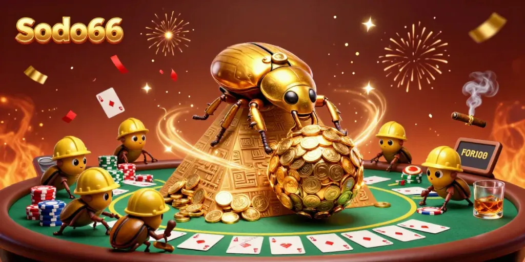Experience the excitement of Sodo66 with a dynamic 3D illustration showcasing colorful poker elements and a golden beetle theme.