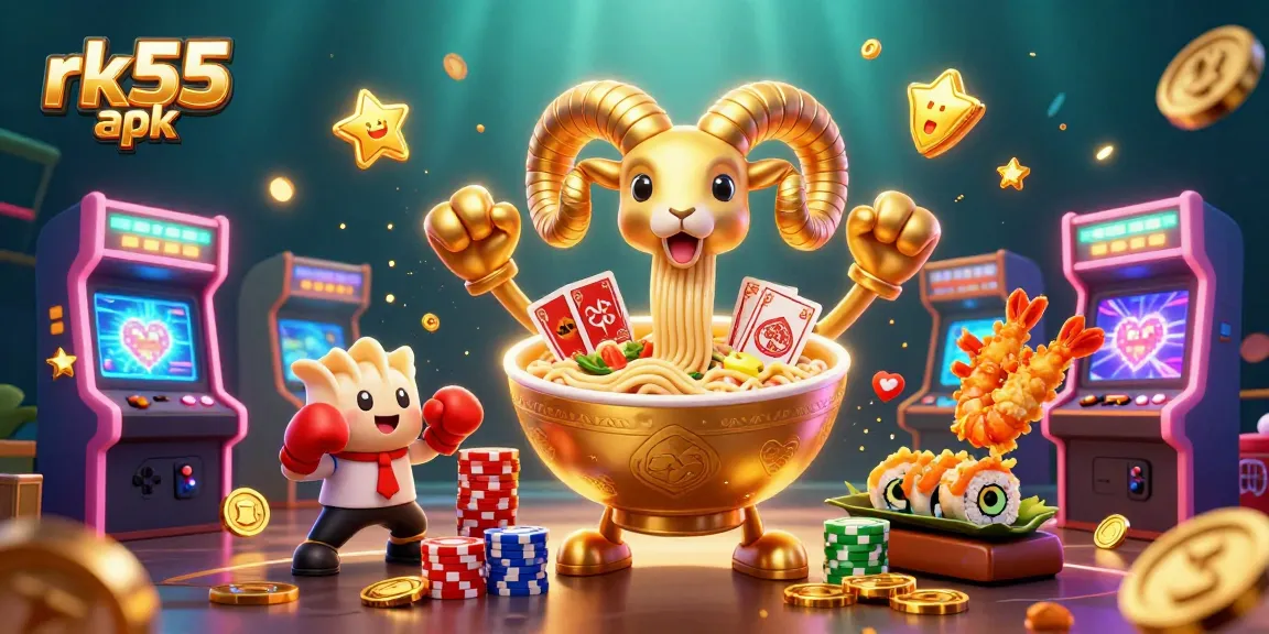 Experience the excitement of rk55 apk as a giant ramen bowl dealer interacts with colorful game elements.