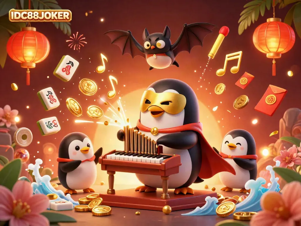 Experience the thrill of IDC88JOKER with a whimsical 3D penguin organist amidst golden coins and festive symbols.
