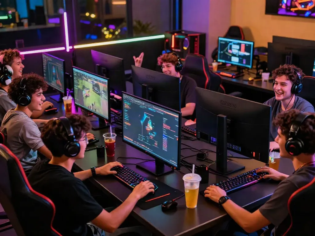 Friends enjoying unsurtoto gaming at a vibrant lounge with neon lights.