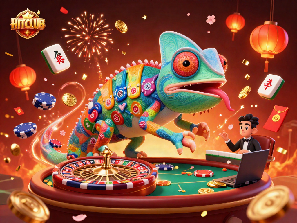 Spin to win at HITCLUB with a thrilling cartoon casino scene featuring games and festive elements.