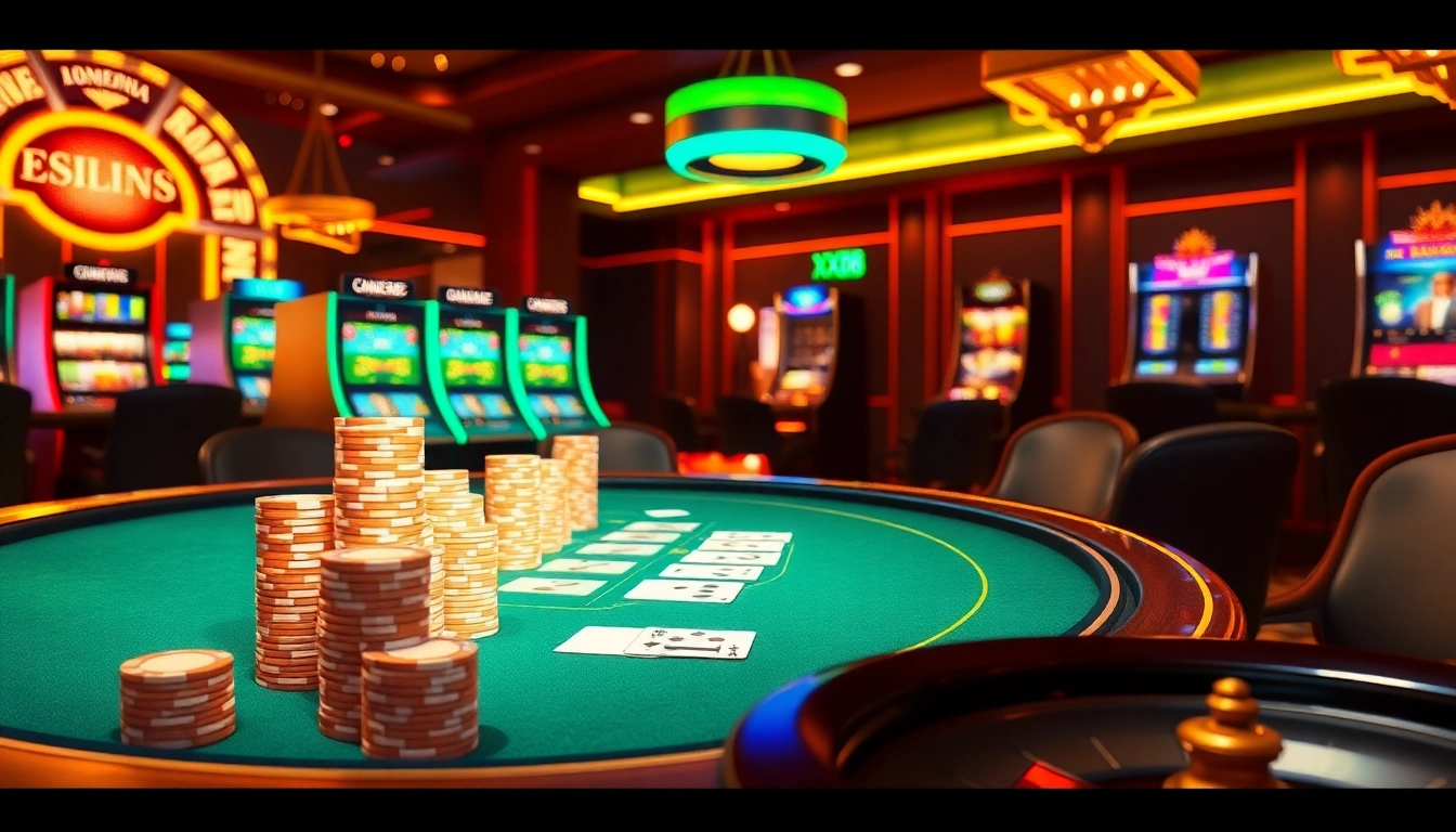 Gambling excitement at XX88 with vibrant slot machines and high-stakes poker tables.