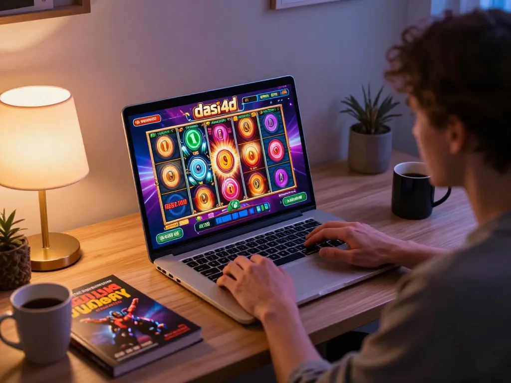 Pemain berinteraksi dengan antarmuka slot dasi4d di laptop, menampilkan gulungan yang cerah dan permainan strategis.