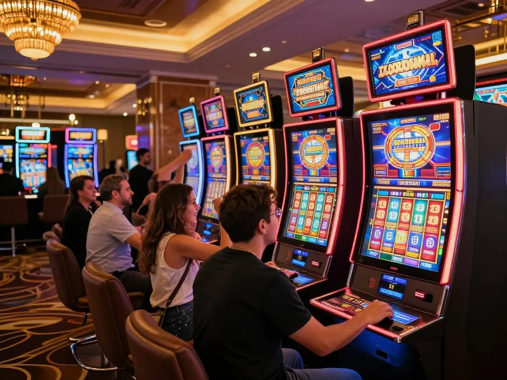 Agen Slot88 players enjoying vibrant slot machine games in a lively casino atmosphere