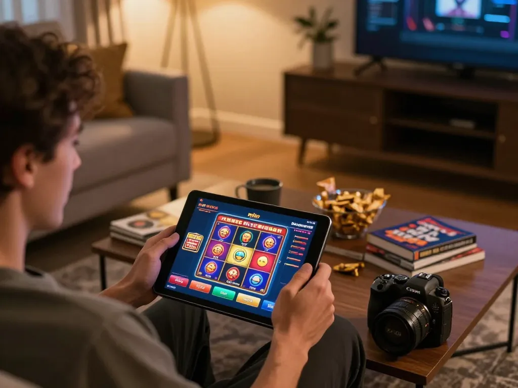 Engaging in online gaming on tablet while exploring 88Pulsa Link options in a cozy home environment