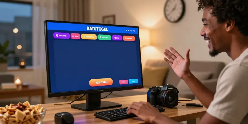 Ratutogel, aplikasi taruhan online yang menarik, dengan pengguna antusias di ruang tamu.