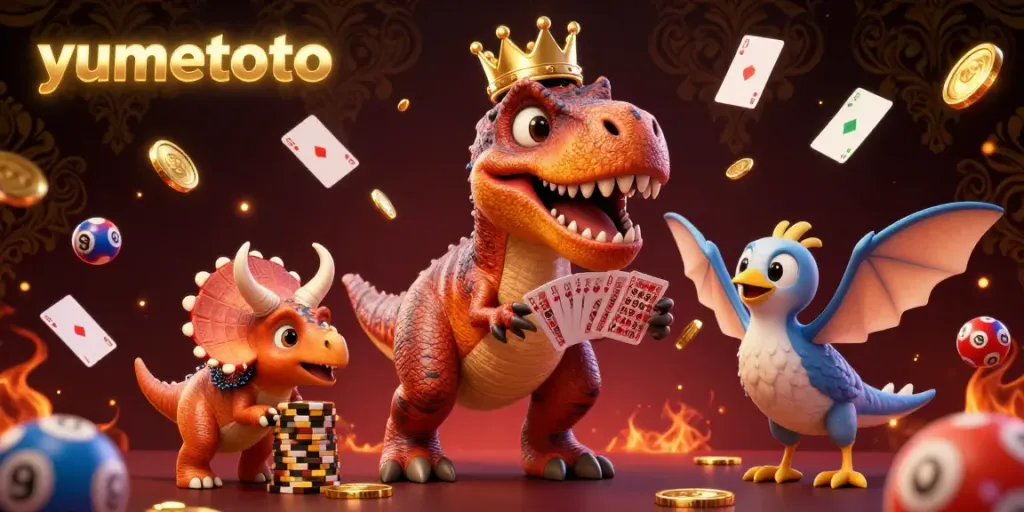 Experience thrilling gameplay with yumetoto; delightful T-Rex shuffles lottery cards amid golden coins and vibrant balls.