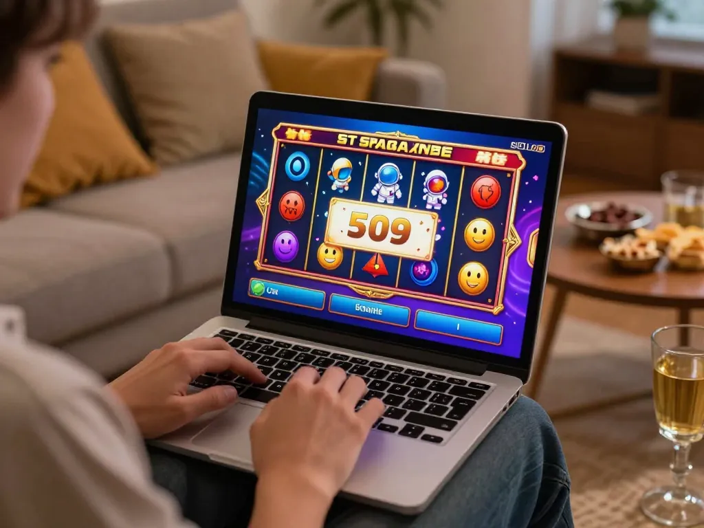 Terlibat dalam permainan slot spaceman di laptop, menangkap momen kemenangan dengan grafik berwarna-warni.