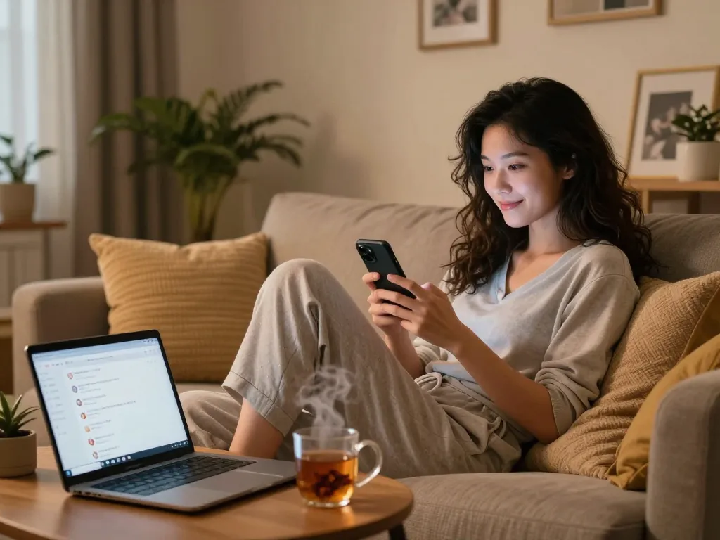 Engaging in ai sexting on smartphone in cozy living room setting.