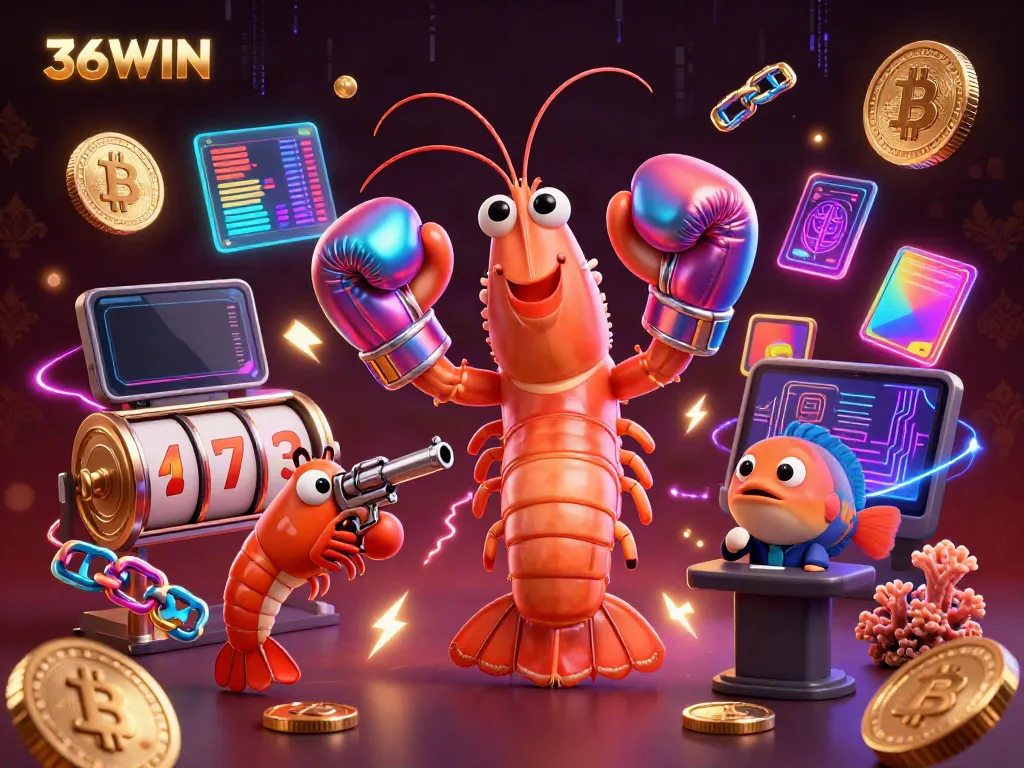Engage in thrilling casino action at 36WIN with a vibrant illustration featuring a mantis shrimp and slot games.