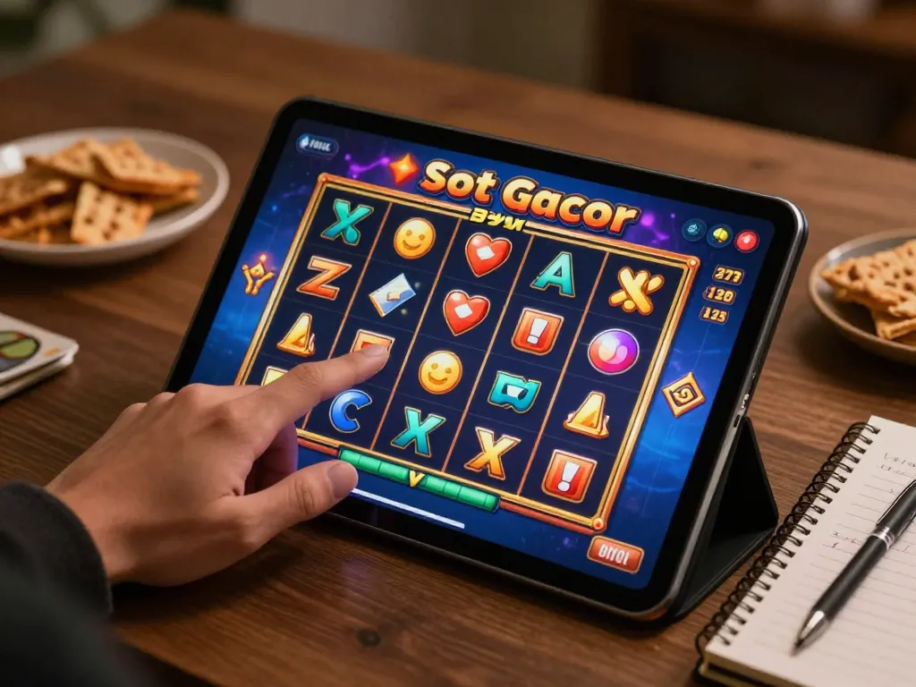 Engaging Slot Gacor gameplay on a tablet, showcasing interactive features in a cozy personal gaming space.