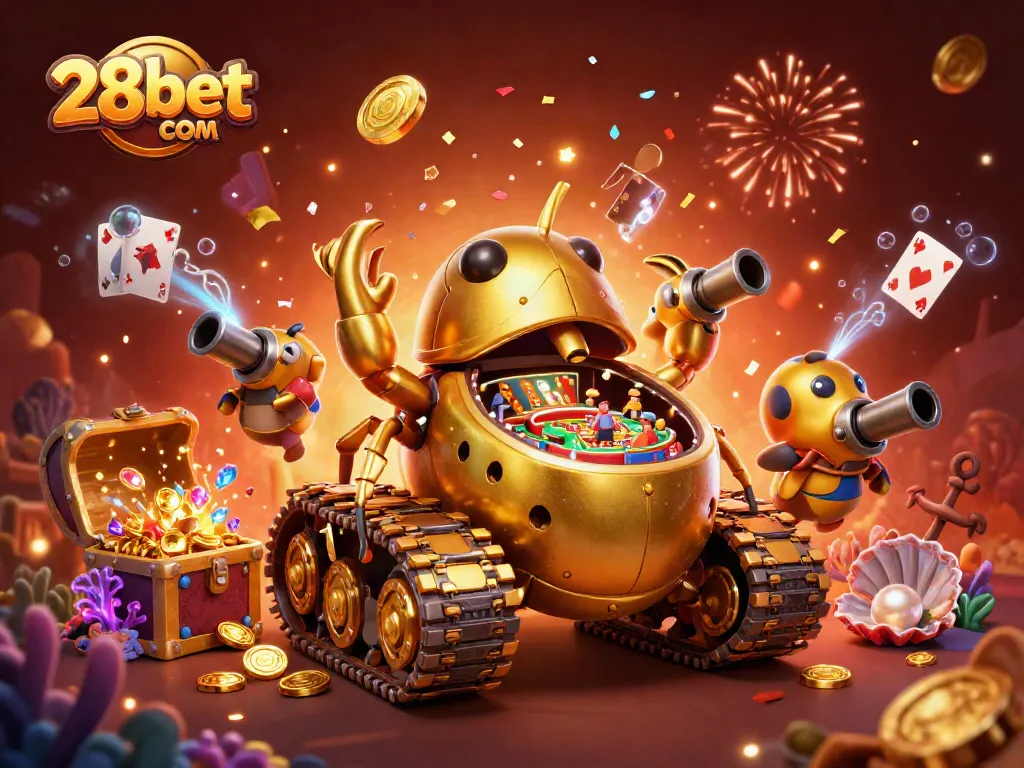 Experience thrilling action at 28bet com's vibrant casino atmosphere with confetti and treasures.