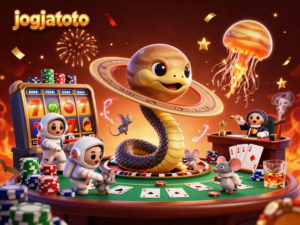 Engage with jogjatoto's cosmic slot game experience featuring lively characters and casino elements.