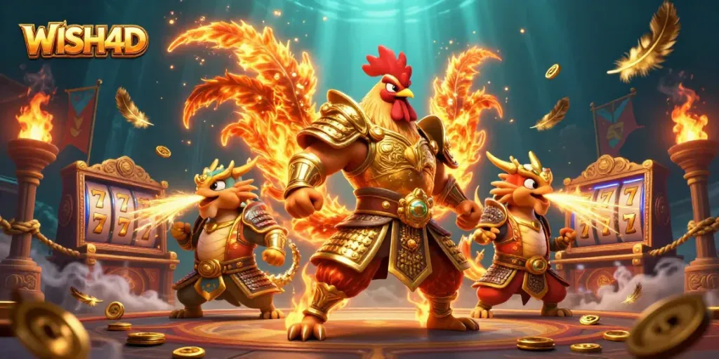 WISH4D brings thrilling slots gaming with rich visuals of armored characters in an energetic casino atmosphere.