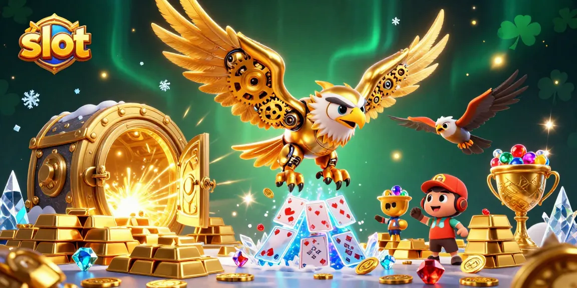 Experience the thrill of the slot as a cybernetic eagle dives through holographic cards amidst treasures.