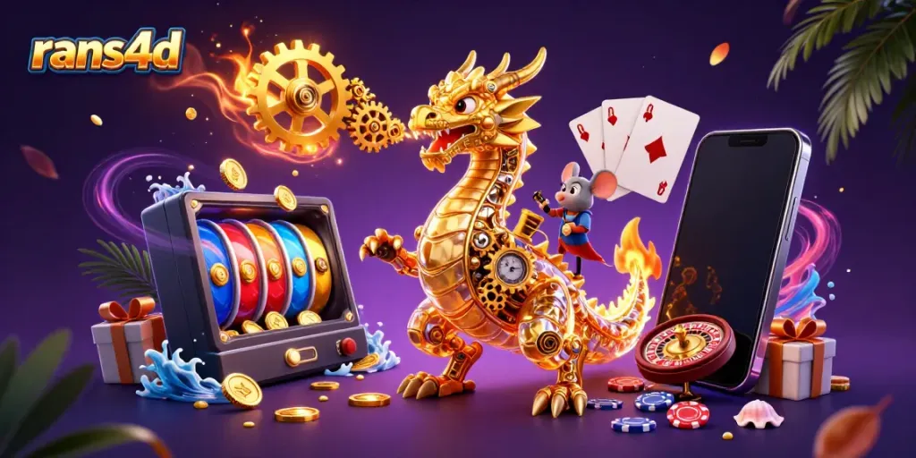 RANS4D menunjukkan keseruan slot game dengan naga emas dan elemen kasino yang dinamis.