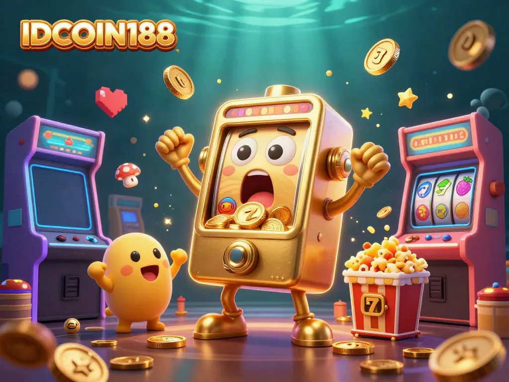 IDCOIN188 online casino illustration with a golden slot machine celebrating a jackpot amidst vibrant game elements.