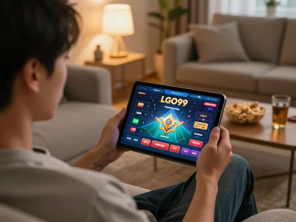 Pengguna LGO99 terlibat dalam permainan online, menikmati suasana santai di rumah dengan tablet.