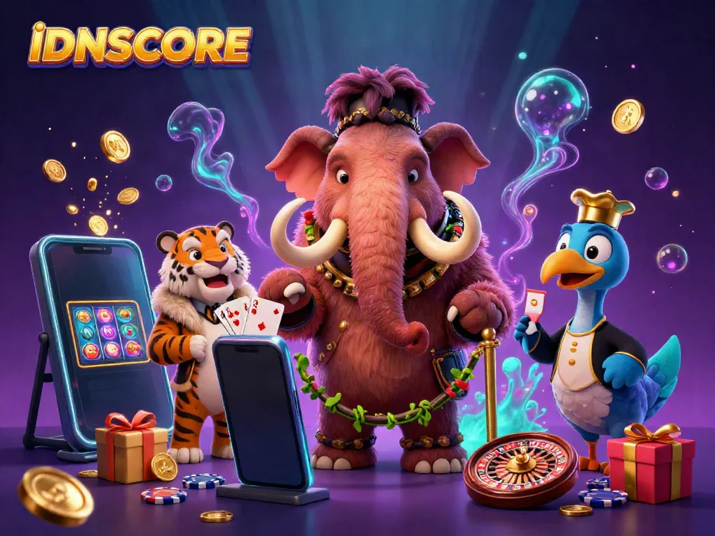 Experience thrilling online gaming with IDNSCORE in this vibrant casino scene featuring animated characters and game elements.