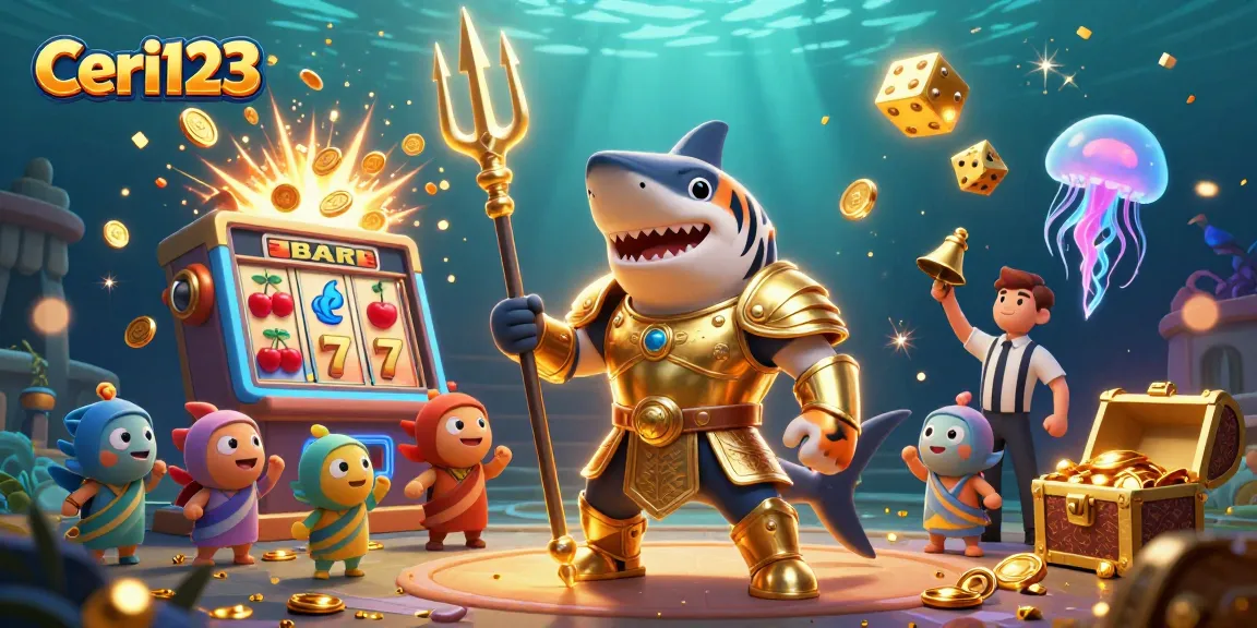 Ceri123 offers thrilling casino action with a jackpot scene featuring a golden shark and slot elements.