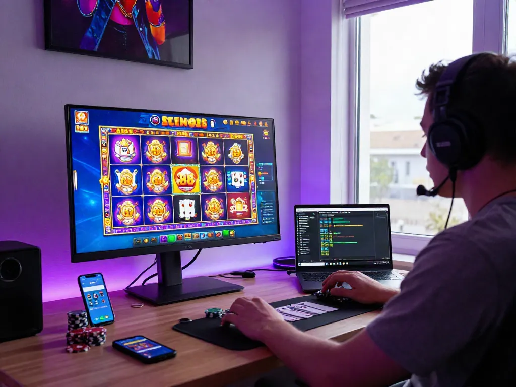 Dynamic home office scene with engaging slot88 gaming setup, showcasing excitement and vibrant atmosphere.