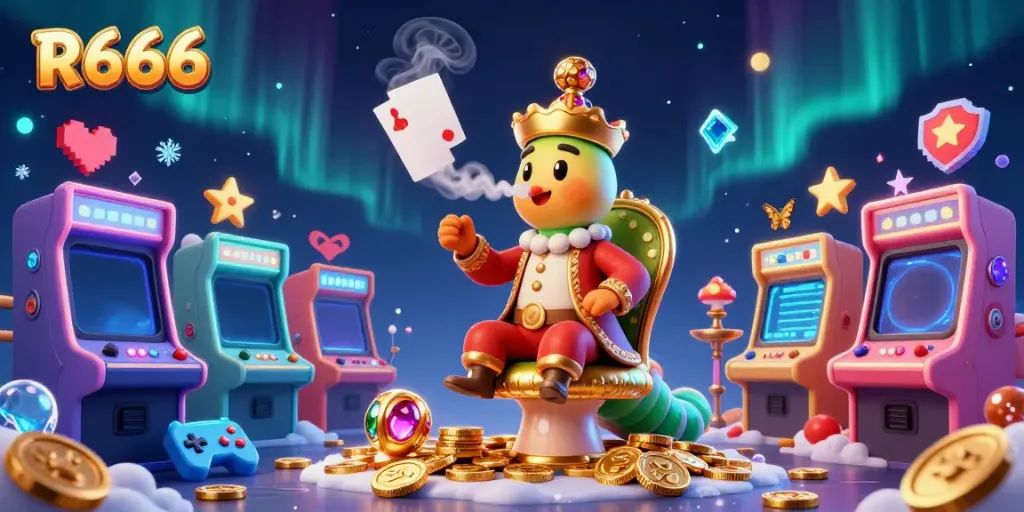 Experience R666's unique gaming atmosphere with an enchanting caterpillar figure in a rich casino setting.
