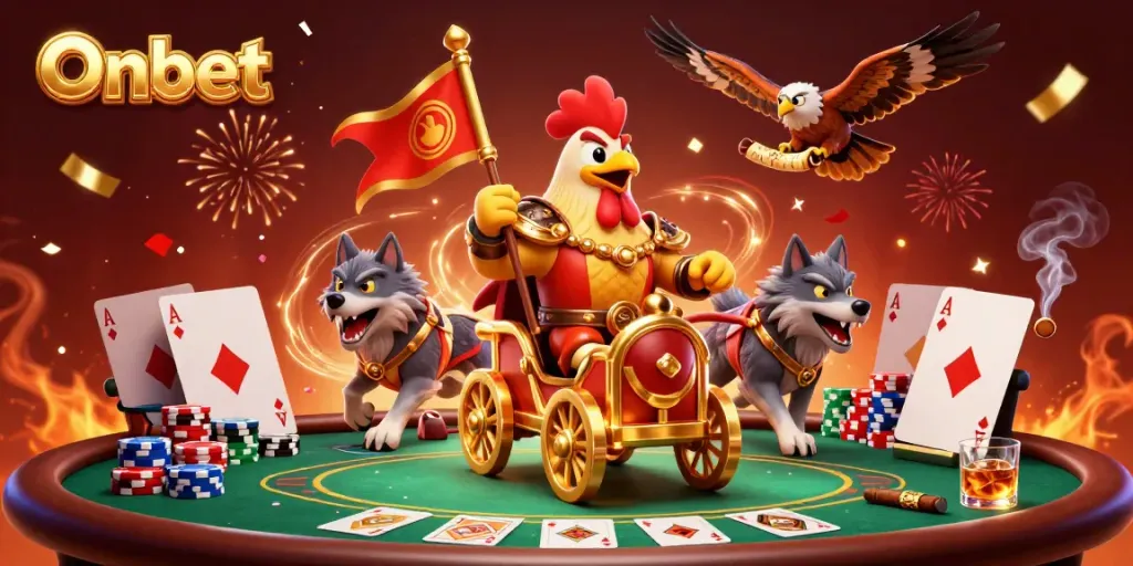 Onbet showcases a thrilling 3D scene of a rooster warlord in a golden chariot among poker elements, symbolizing online gaming excitement.
